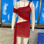 Women's Sexy One Shoulder Red Polka Dot Mini Dress Sheer Mesh Cutout Tie Waist Party Club Dresses