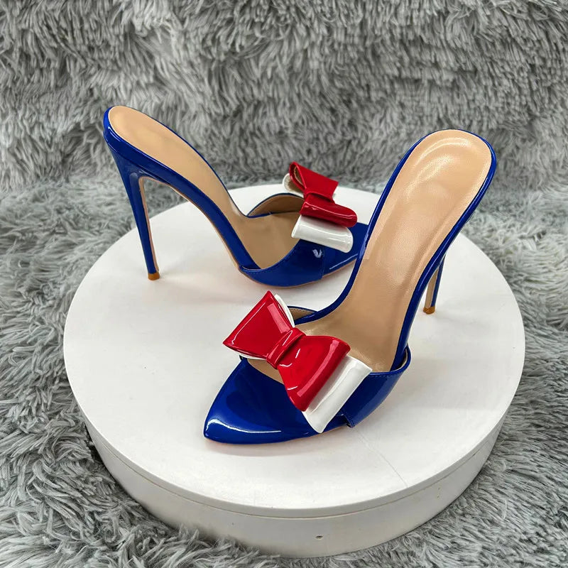 blue patent leather Pointy ToeSandals WithBow Women Summer Casual Thin High Heel Shoes Female Outfit Evening Cross Strap Mul