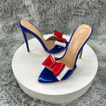 blue patent leather Pointy ToeSandals WithBow Women Summer Casual Thin High Heel Shoes Female Outfit Evening Cross Strap Mul