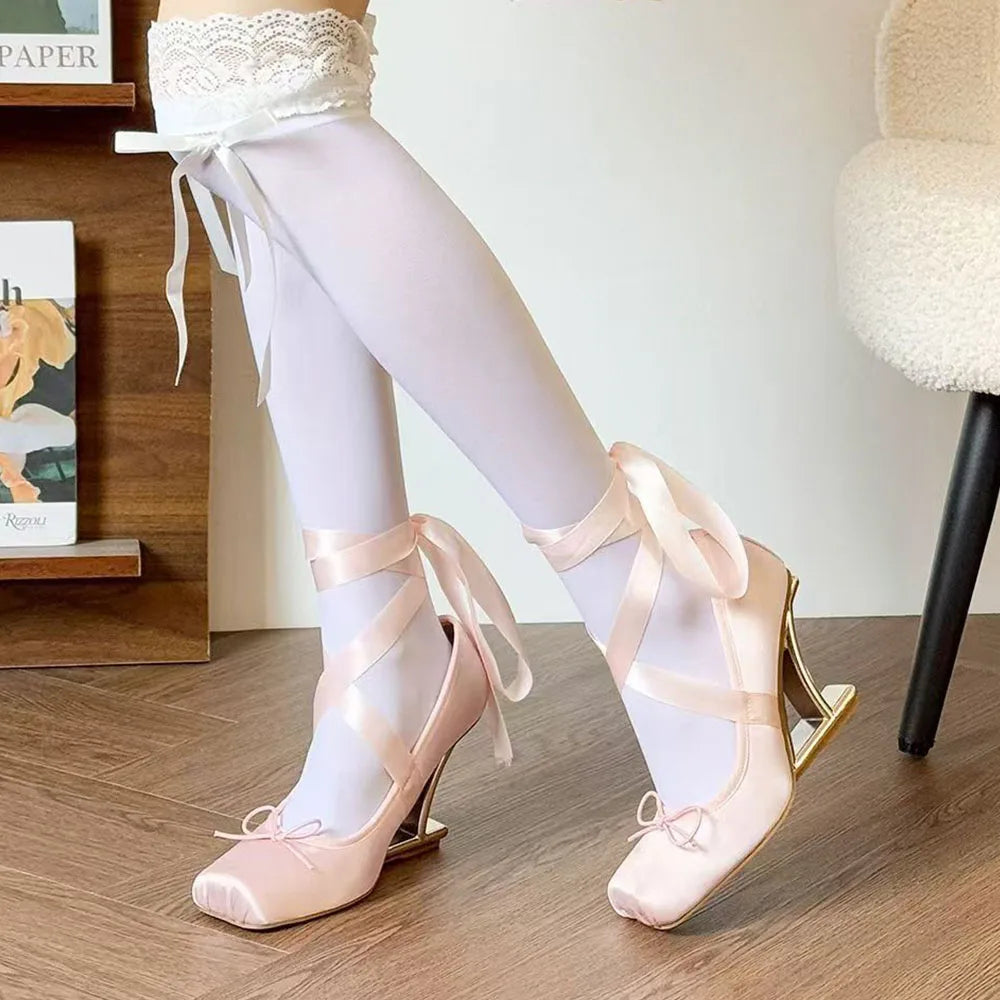 2025 Brand New Summer y2k Pink Square Toe Ballet Shoes Women Ribbon Lace-up Hollow out Wedge High Heels Party Pumps Daily Life