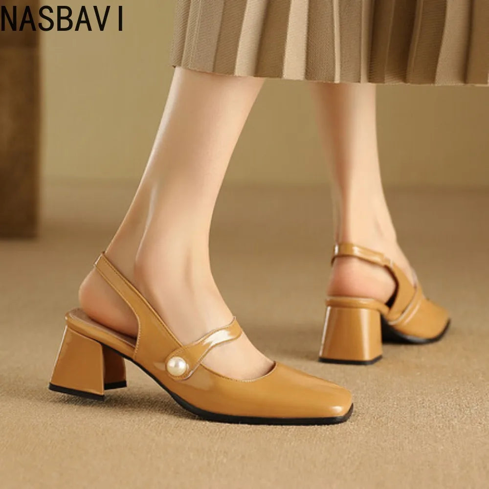 Elegant Slingback Sandals Women Summer Shoes Pink Black Silver Medium Heels Close Toe Office Party Shoes Female Large Size 45