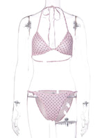 FDYOUI Women's Polka Dot Print Pink Swimsuit Lace-up Bras Panties Split Skirts 3 Pieces Bikinis Sets Bathing Suit Beach Swimwear