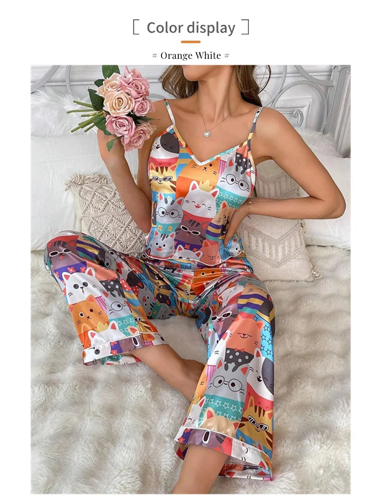 Pajama For Women Home Clothes Summer Satin Sleepwear Pj Set Sexy V Neck Cami Tops with Comfortable Elastic Pants Pyjama 2 Piece