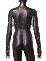 Women Rhinestone Fishnet T-shirt Solid Color Long Sleeve Crop Tops See Through Hollow Out Sexy Shirts Female Smock Tops