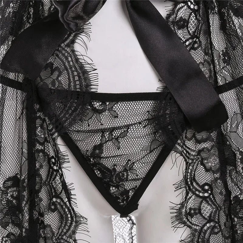 See Through Lace Babydoll Women Sexy Lingerie Erotic Transparent V-Neck Nightwear Robe G-string Robe Sleepwear Dress