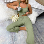 Womens Ribbed Knit Pajama Set Lace Trim Cami Crop Top Drawstring Wide Leg Pants Soft Loungewear Sleepwear Purple Y2K Style Cozy