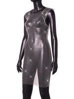 XS-2XL 15 Colors Rhinestones Fishnet Dress O-Neck Grid Swimsuit Bikini Cover Up Beach Pool Party Cover-ups for Swimwear Women