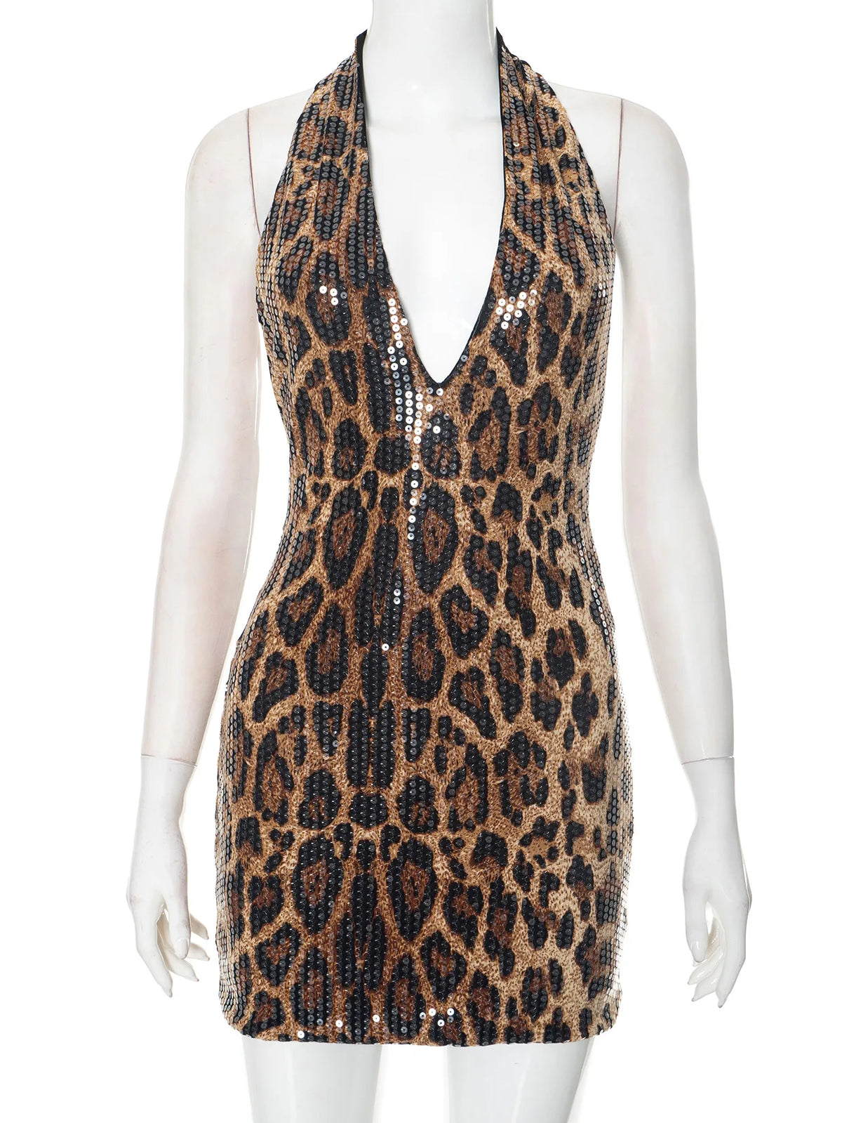 Sexy Halter Neck Off Shoulder Leopard Print Mini Dresses for Women Sleeveless Backless Sequins Skinny Party Night Club Dress