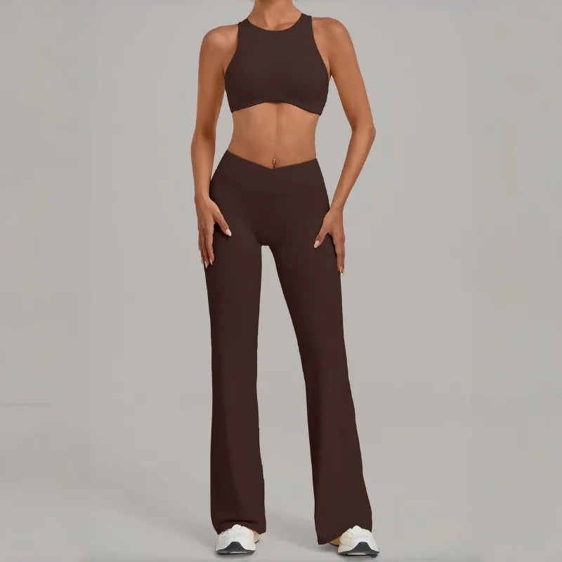 Women's Seamless Yoga Sets Sports Gym Fitness High Waist Hip-lifting Flared-pants Sleeveless Vest Workout Training Running Suits