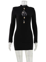 Ahagaga Fashion Women's Mini Dress Solid Hollow Out Regular Long Sleeves Sheath Bodycon Sexy Club Basic Casual Streetwear Female