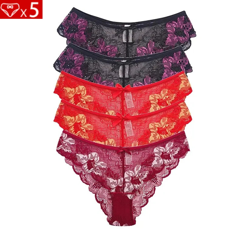 5pcs Lace Sexy Women Panties Mid Waist Perspective Floral Ladies Briefs Breathable Comfortable Female Underwear