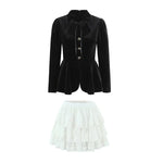 French-style Elegant Stand-up Collar Tie-waist Slim-fit Pleated Long-sleeve Shirt For Women With Waist Lace Cake Skirt QXS5