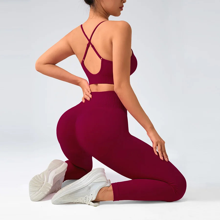 2 pcs/set Seamless Tight Pants Set Rose Red Tank Top Outfit Women's Clothing BreathableTrousersAthleisure Fitness Pants