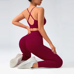2 pcs/set Seamless Tight Pants Set Rose Red Tank Top Outfit Women's Clothing BreathableTrousersAthleisure Fitness Pants