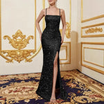 Women's Sparkly Sequin Long Formal Dress Square Neck Backless Split Mermaid Prom Dress Spaghetti Strap Evening Party Gown
