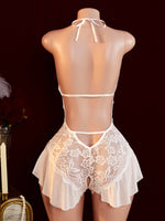 Sexy Crotchless White Underwear Women Lace Hollow Bra Set Erotic Costume Teddy Baby Doll Dress Deep V Open Bra Porn Lingerie Set