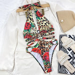 Sexy One Piece Swimsuit Swimwear Women Leopard Hollow Deep V-neck Halter Bathing Suit Beachwear Big Metal Ring Bikini 2026 Mujer
