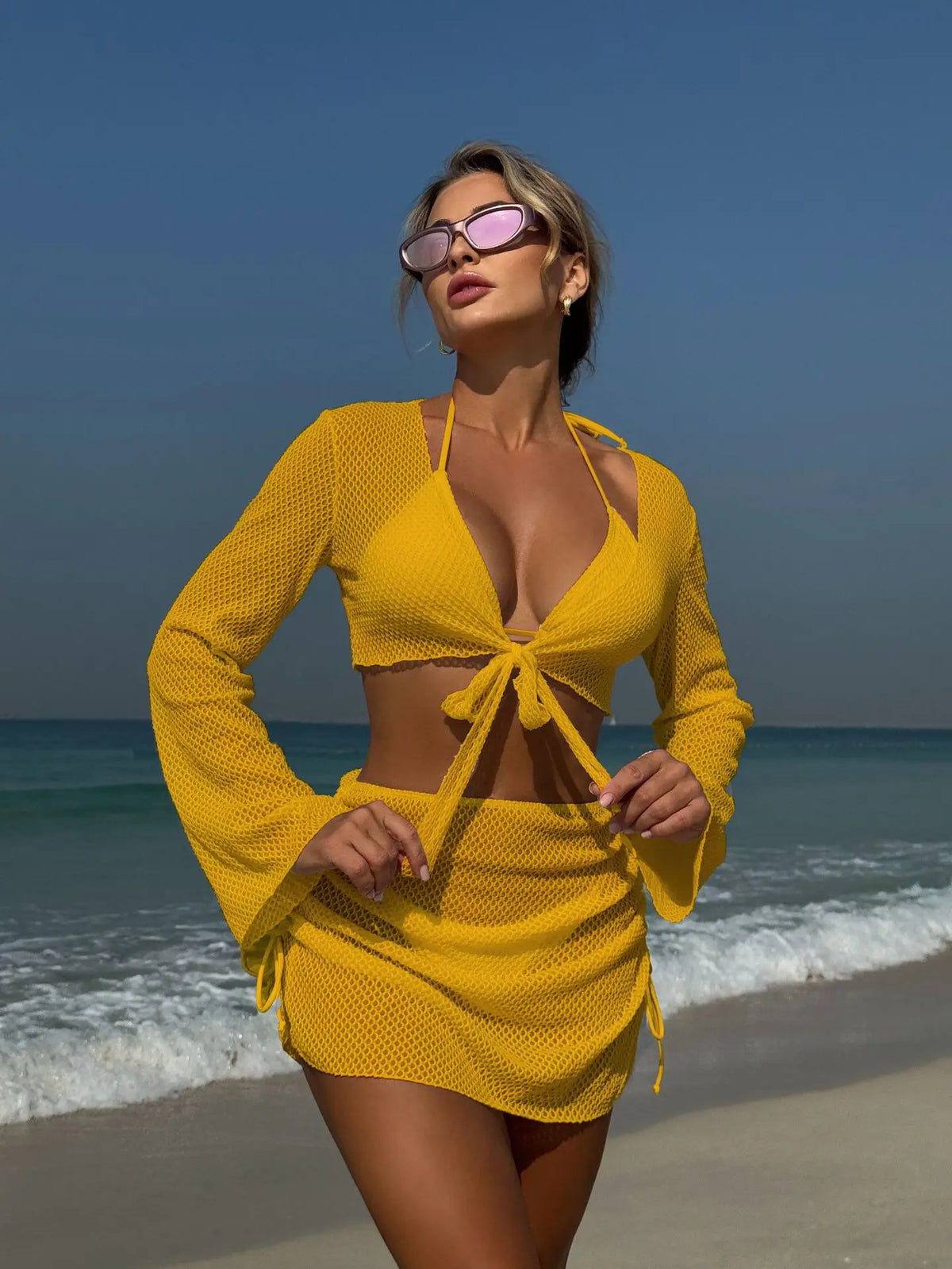 Summer 4 Piece Bikini Set 2025 Women Sexy Black Long Sleeve Cover Up and Skirt Swimsuit Beach Bathing Suit Holiday Swimwear