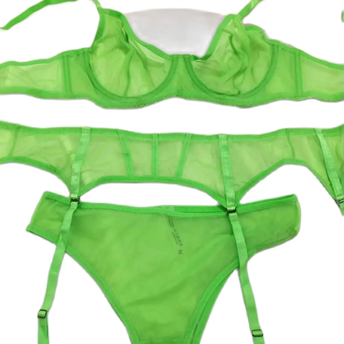 Sexy Lingerie Set with Garter Belt Corset Panty Outfits Mesh No Padding Underwire Sheer Bra and Panty 3 Pcs
