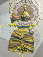 Sexy Coffee Striped Knitted Bikinis Sets 2026 Women Holiday Drawstring Side Skirt 3 Piece Swimsuit Summer Bathing Suit Swimwear