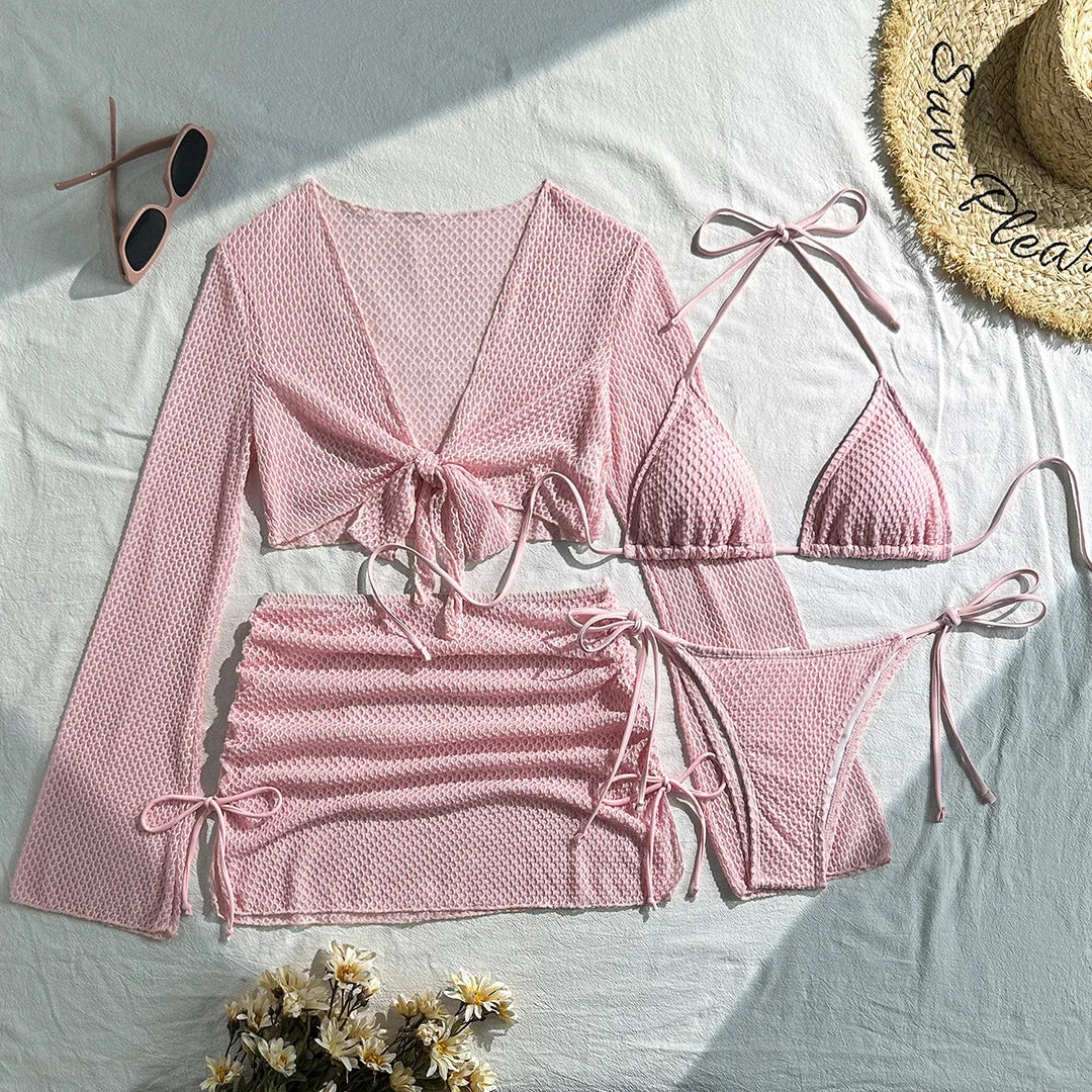 9 Colors New Long Sleeve With Skirt Bikini Female Swimsuit Women Swimwear Four-pieces Bikini set Bather Bathing Suit Swim V6358P