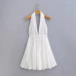 Foridol White Beach Summer Dress Women Backless Cotton Lace Short Autumn Sundress Women Clothing Halter A-line Pleated Dress