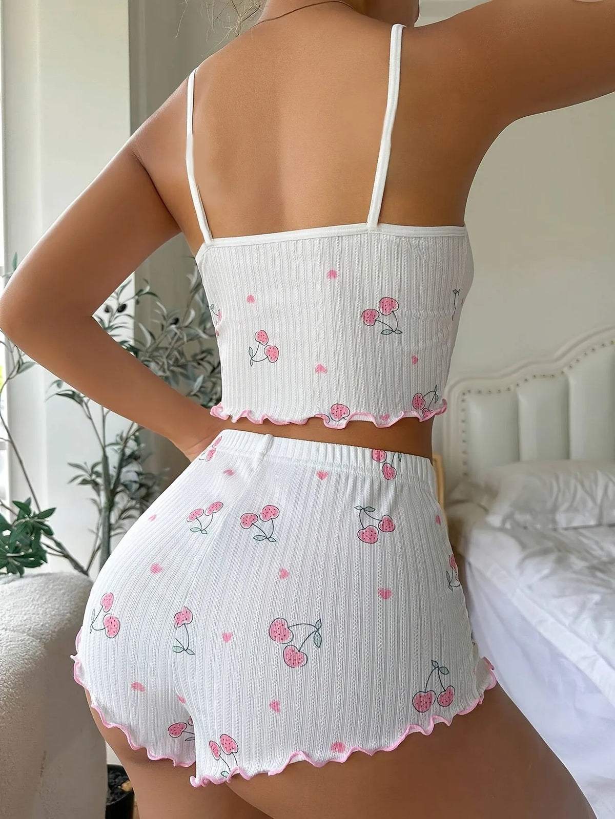 Women’s Cherry Print Pajama Set Ribbed Cami Crop Top and Ruffle Shorts 2 Piece Summer Sleepwear Loungewear with Pink Bows