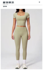 2PC Color Contrast Yoga Suit Women Short Sleeve Square Collar Slim Sports Top Fitness Suits Outdoor Exercise Leggings Tracksuit