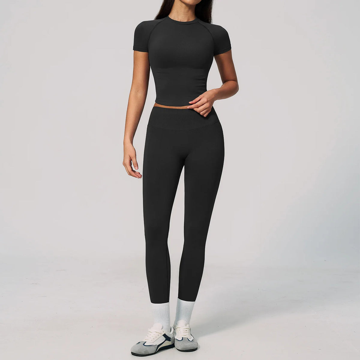 2PCS Women's Tracksuit Seamless Yoga Set Short Sleeve O Neck Workout T Shirts Fitness Suit Tight Hip Lifting Leggings Gym Sets
