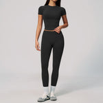 2PCS Women's Tracksuit Seamless Yoga Set Short Sleeve O Neck Workout T Shirts Fitness Suit Tight Hip Lifting Leggings Gym Sets