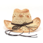 Women Cowboy Hat Creative Curled Straw Hollow Design Ethnic Style Beads Chain Decoration Shade Straw Hat Summer Sun Cap