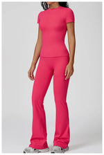 New Yoga Set Two Piece Women Short Sleeve Top with High Waist Leggings Seamless Workout Clothes Patchwork Sport Fitness Gym Sets