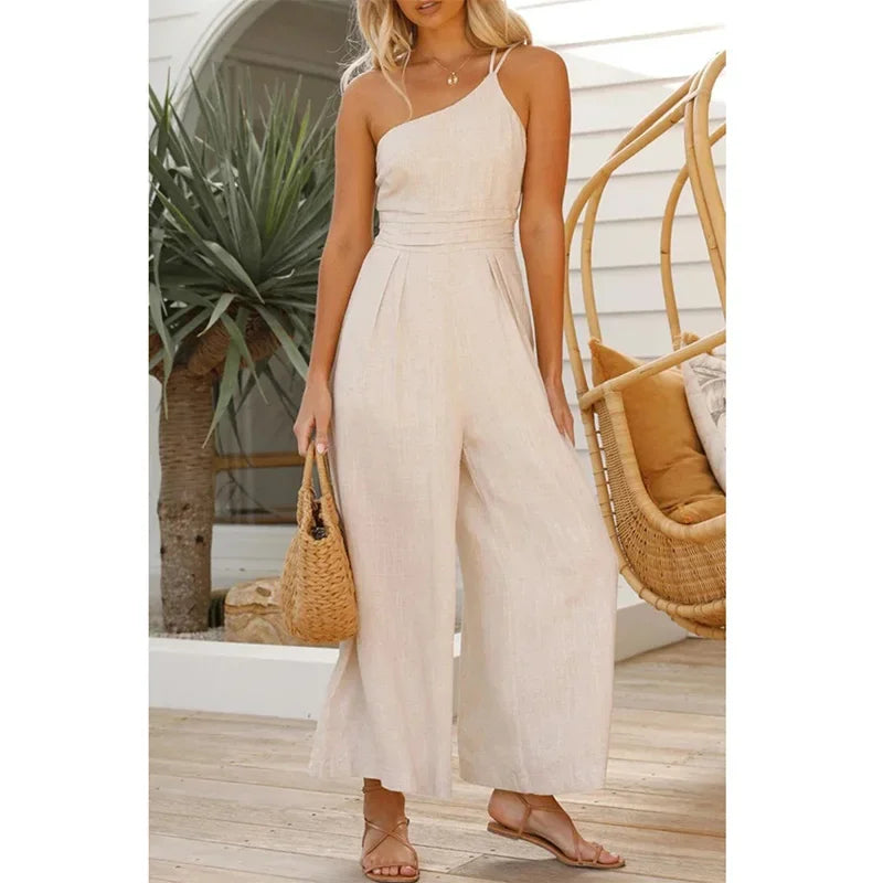Foridol Waist Folds Backless Double Strap Casual Wide Leg Jumpsuit Long Pants Green 2025 New Female LooseJumpsuit
