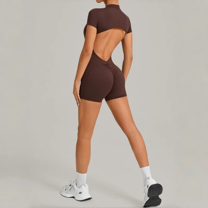Women's Seamless Yoga Jumpsuits Sports Fitness Beauty Back Slim Fit Short-Sleeves One-Piece Workout Gym Training Bodysuits