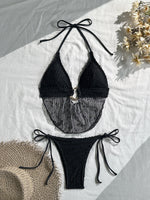 Sexy Black Mesh Draped Neckline Bikini Set 2026 Women Metal Circle Push Up Bra Triangle Swimsuit Bathing Suit Holiday Swimwear