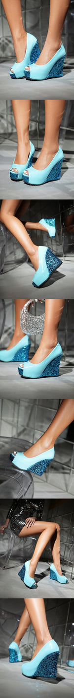 Plus Size Elegant Sequined White Chunky Platform Pumps Women's Black Pink Peep Toe Wedges High Heels Shoes for Party Wedding