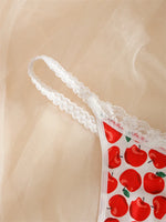 Women's Cute Apple Print Lingerie Set Wireless Triange Bra&Thong 2 PCS Bralette Sets Sweet Fruit Pattern Intimate Lace Underwear