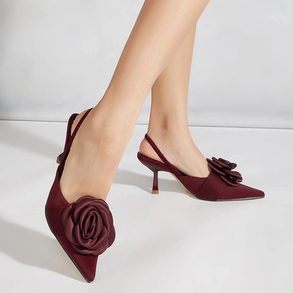 Big Size 43 Elegant Flower Burgundy Slingback Sandals Mules Summer Sexy Pointy Toe Thin High Heels Sandals Shoes Women