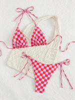 Sexy Pink Plaid Micro Bikini 2026 Women Halter Push Up Bra Tie Side Thong Swimsuit Brazilian Beach Bathing Suit Swimwear Biquini