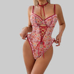 Toucheart Sexy Women Lace Backless InterestingBabydoll Bodysuit Wrap Dress High Waisted Printing Bow KnotBabydoll Bodysuit