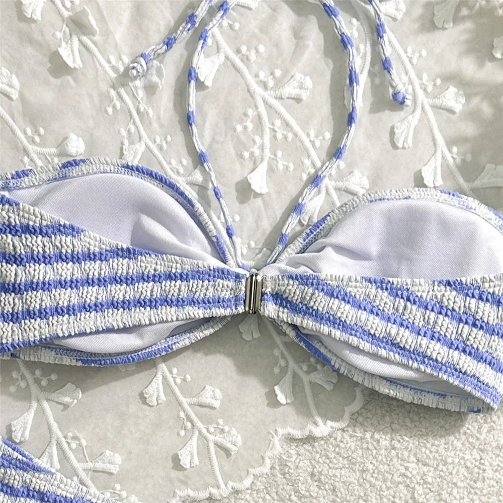 Striped Print String Halter Bandeau Bikinis Sets 2026 Sexy Swimsuit Women Ruched Swimwear Bathing Suit Brazilian Bikini Mujer