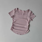 Women's Summer Yoga Sports Top Short Sleeve Pleated Waist Cinching Mesh Spliced Breathable Fitness T-Shirt