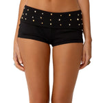 Women Solid Color Fold Over Waist Shorts Summer Stylish Rivet Studded Low Rise Slim Fit Mini Shorts for Beach Daily Wear