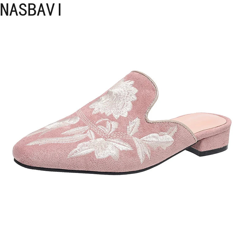 NASBAVI Fashion 3d Embroidery Mules Women Fur Slippers Velvet Shoes Ladies Low Heel Flower Decoration Sandals Women's Flip Flops