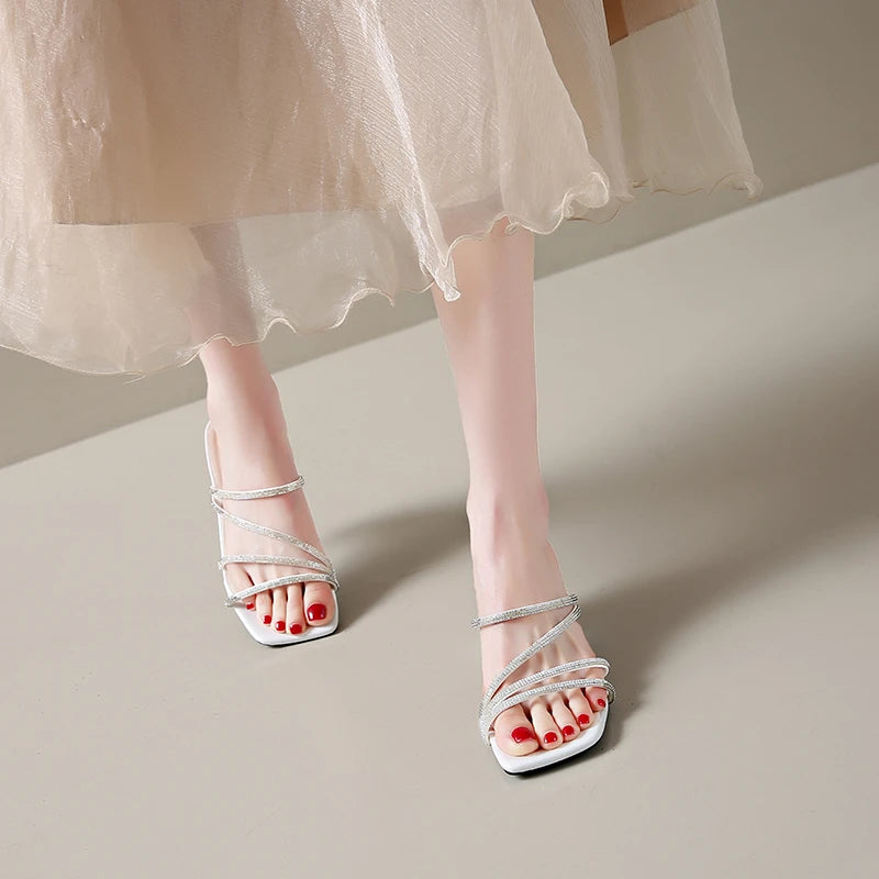 Women Square Toe Rhinestone Cross‑Strap Block Heel Slide Mules Open Toe Slip‑On Dress Party Wedding Heeled Slippers Large Size