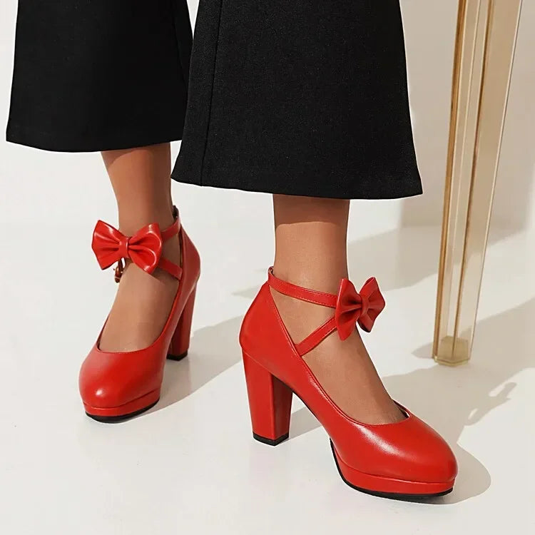 Spring and Autumn New Style Fashion Round Head High-heeled Women's Shoes Sweet Bow Shallow Mouth Buckle Thick Heel Women Shoes