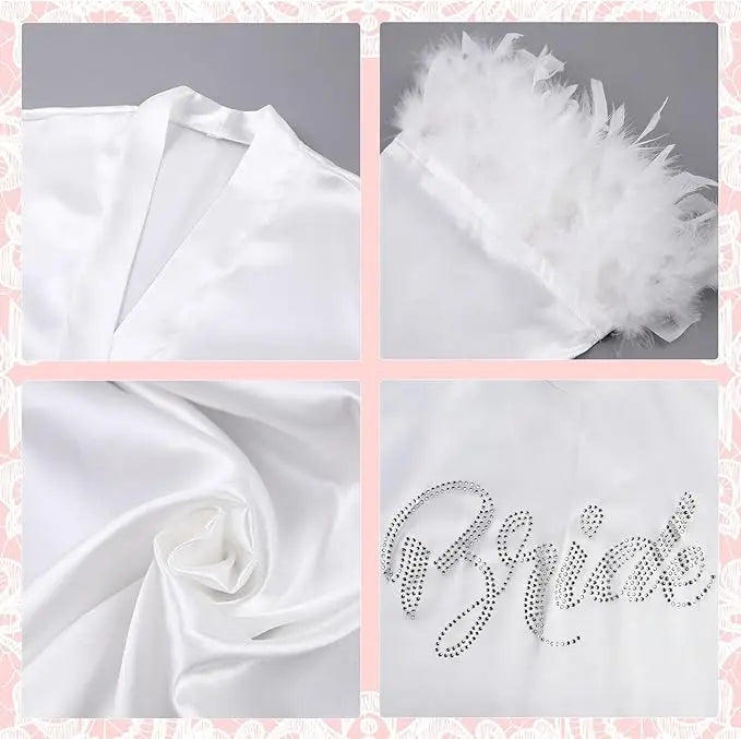 Bride Robe with Feather for Wedding Day Bridal Satin Robe Sexy Silk Bride Bathrobe for Women Bachelorette Wedding Party Getting