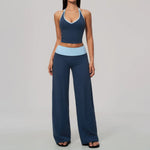 Women 2/3Piece Yoga Set Fitness Suit Gym Clothing Workout Tracksuit Sportswear Colorblock Halter Long Sleeve Top Wide Leg Pants