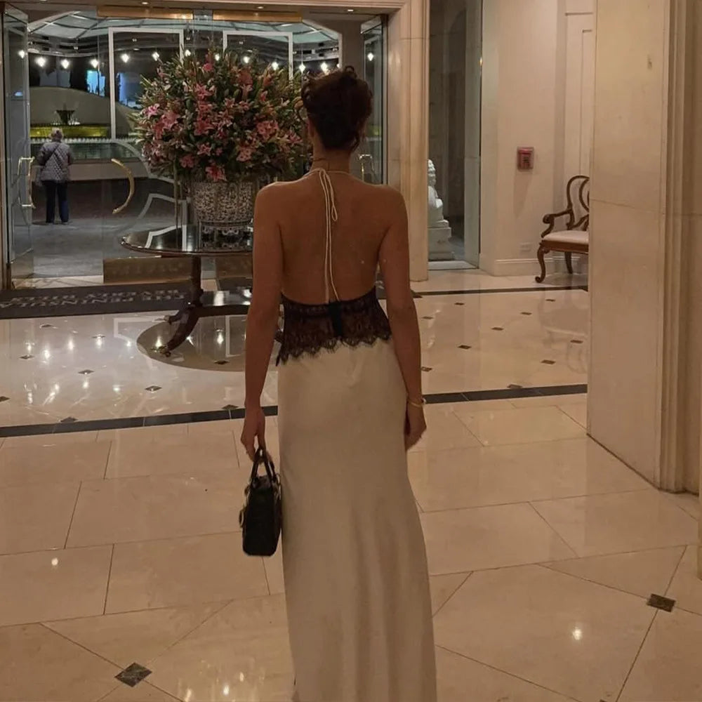 Summer Backless Sexy Long Dresses Women's Gown Patchwork Lace Halter V Neck Sleeveless High Waist Elegant Vestidos Para Mujer