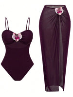 S - XL New 3D Flowers With Skirt One Piece Swimsuit Women Swimwear Female High Cut Leg Monokini Bather Bathing Suit Swim V8018